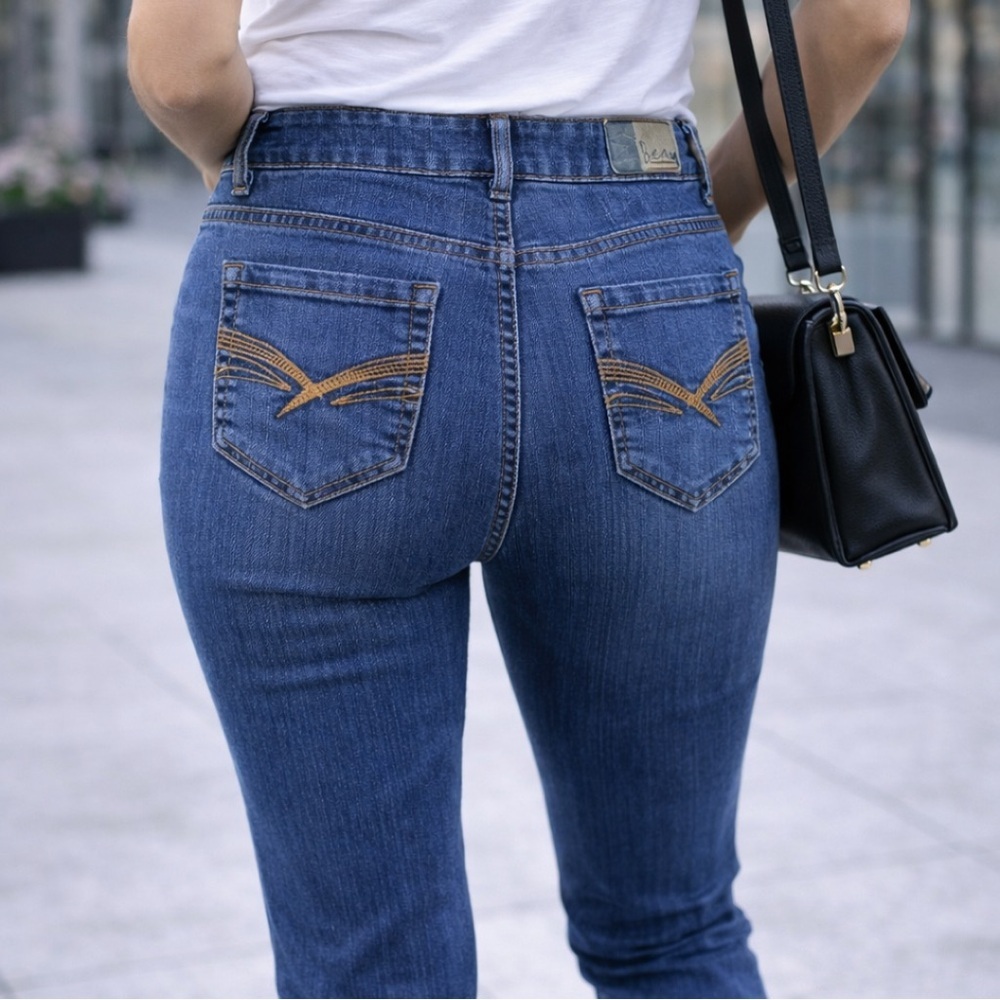 Beau Midrise Gold Topstitched Slim Straight Blue Denim Jeans Logo Hardware 8
